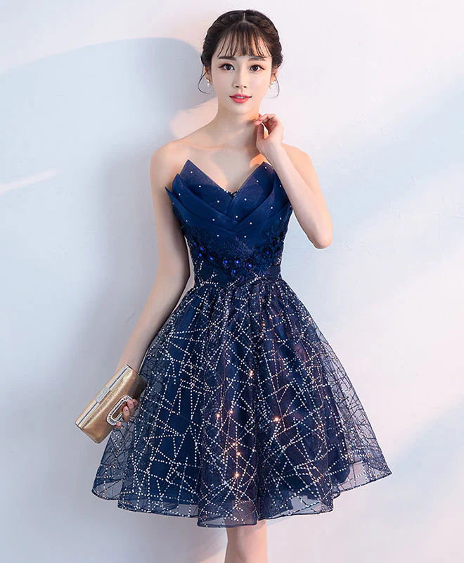 Dark Blue V Neck Tulle Sequin Short Prom Dress, Blue Homecoming Dress - Deanwangkt