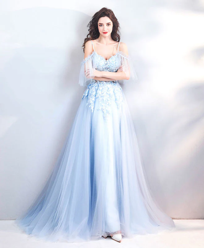 Light Blue Lace Tulle Long Prom Dress, Evening Dress - Deanwangkt