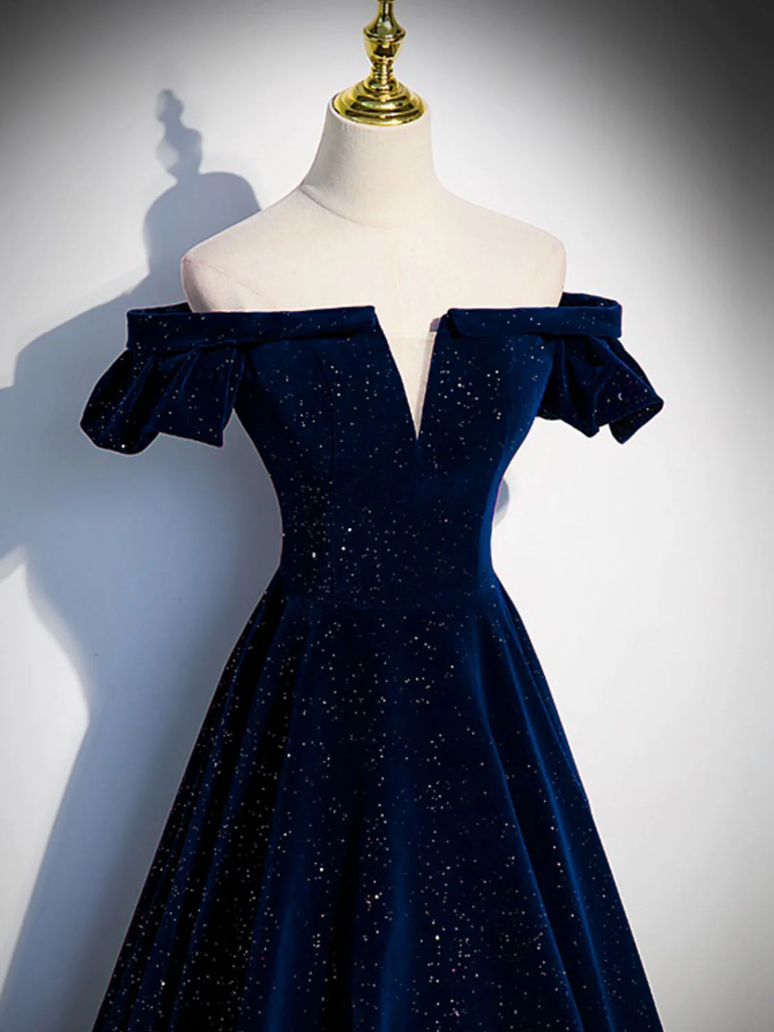 A-Line Off Shoulder Velvet Dark Blue Long Prom Dress, Dark Blue Long Formal Dress - Deanwangkt
