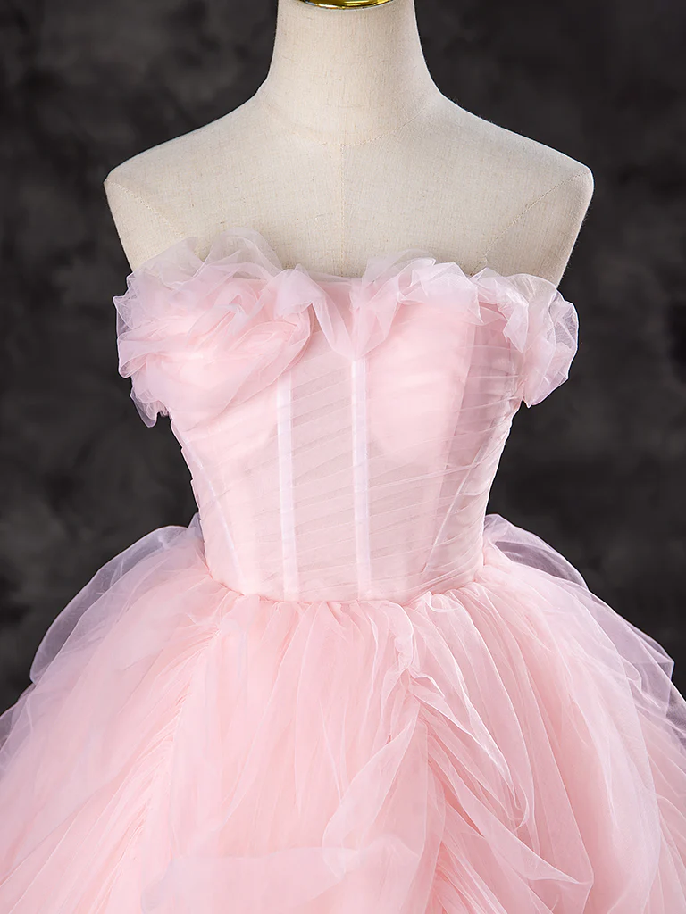 A-Line Tulle Pink Long Prom Dress, Pink Long Sweet 16 Dress - Deanwangkt