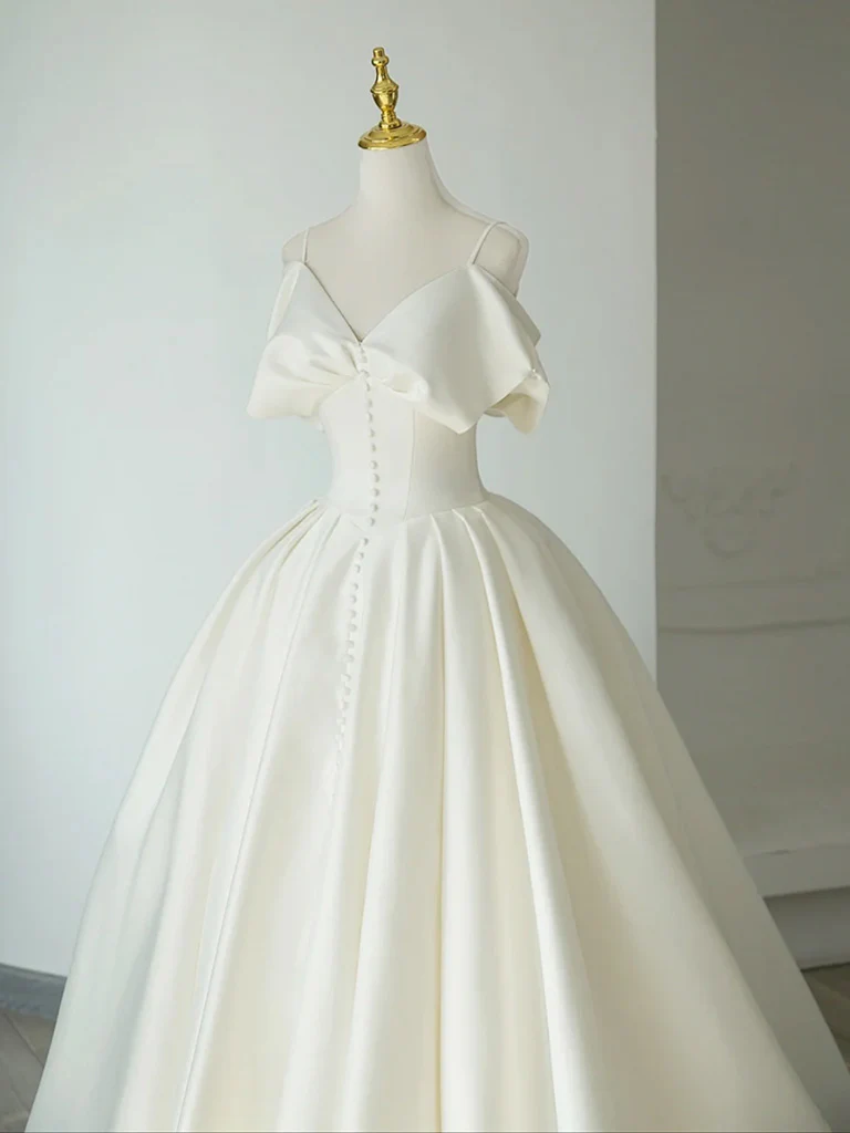 A-Line V Neck Satin ivory Long Prom Dress, ivory Long Formal Dress - Deanwangkt