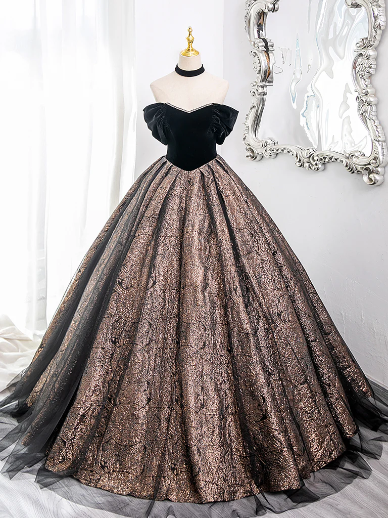 A-Line Off Shoulder Tulle Velvet Black Long Prom Dress, Black Long Formal Dress - Deanwangkt