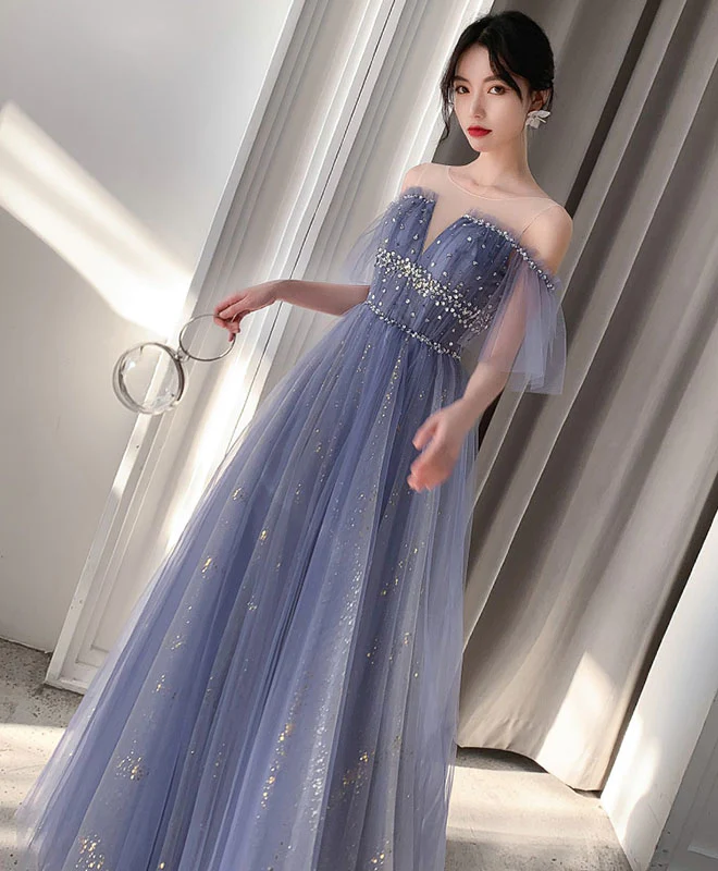 Blue Tulle Lace Long Prom Dress Blue Tulle Lace Evening Dress - Deanwangkt