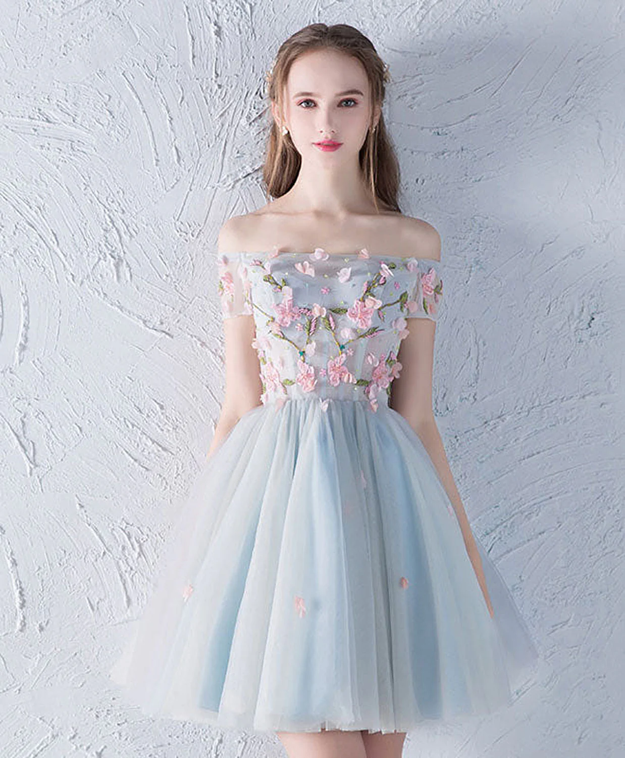 Gray Blue Tulle Lace Applique Short Prom Dress, Homecoming Dress - Deanwangkt