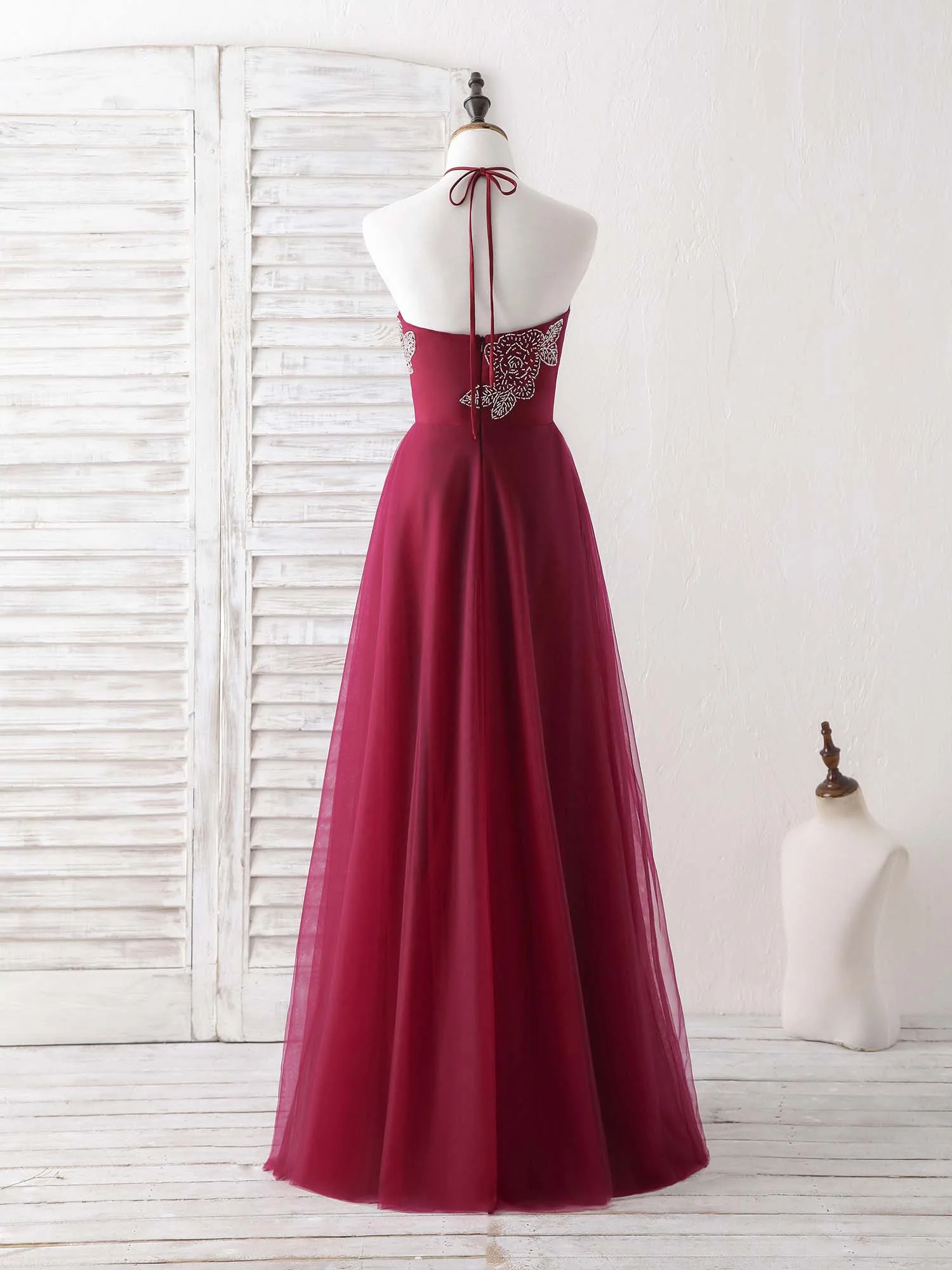 Burgundy Tulle Beads Long Prom Dress Burgundy Evening Dress - Deanwangkt