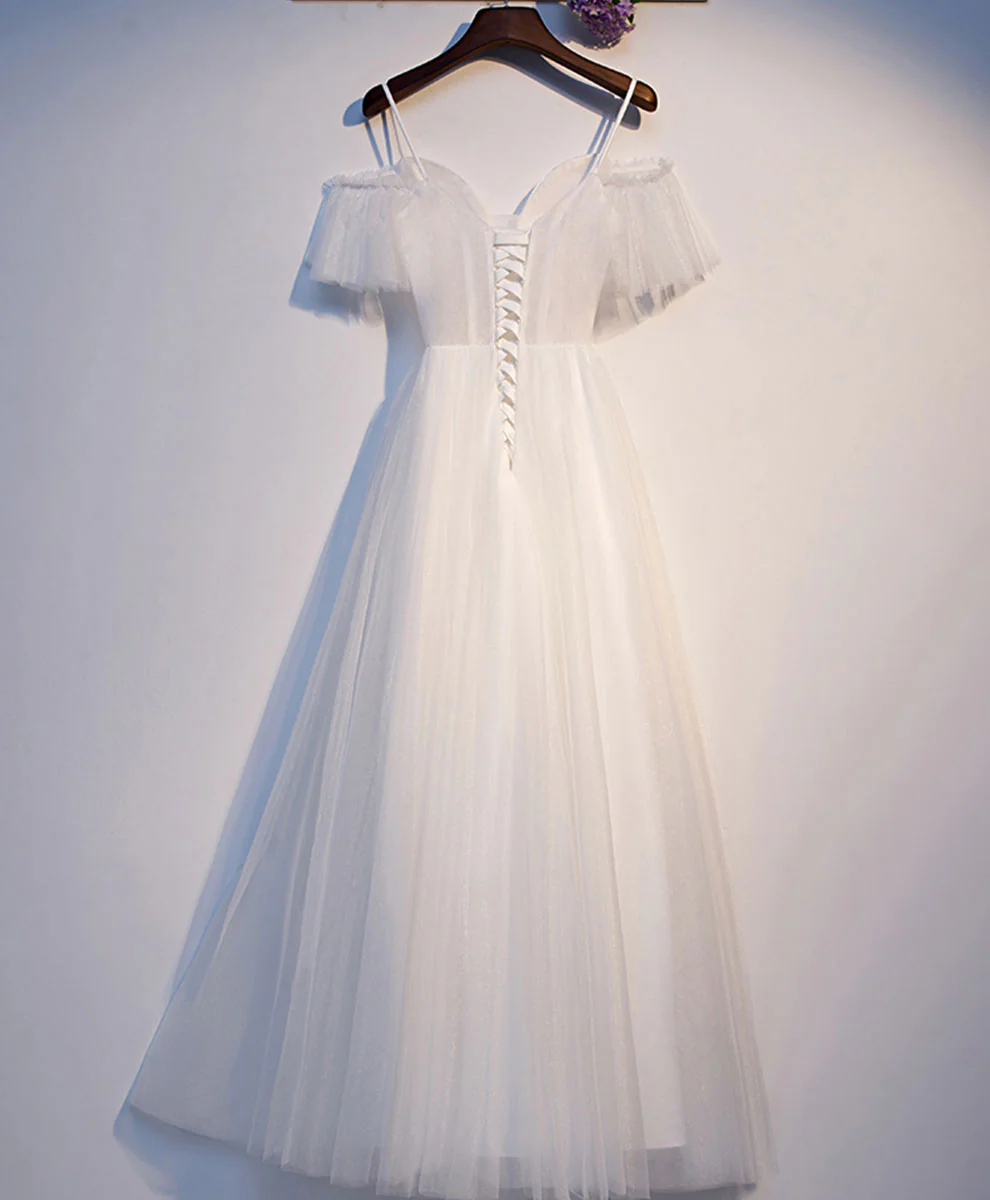 White Sweetheart Neck Tulle Long Prom Dress, White Formal Dress - Deanwangkt