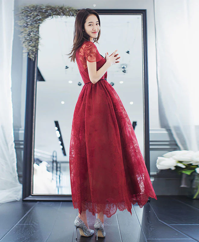 Burgundy Lace Short Prom Dress, Burgundy Evening Dress - Deanwangkt