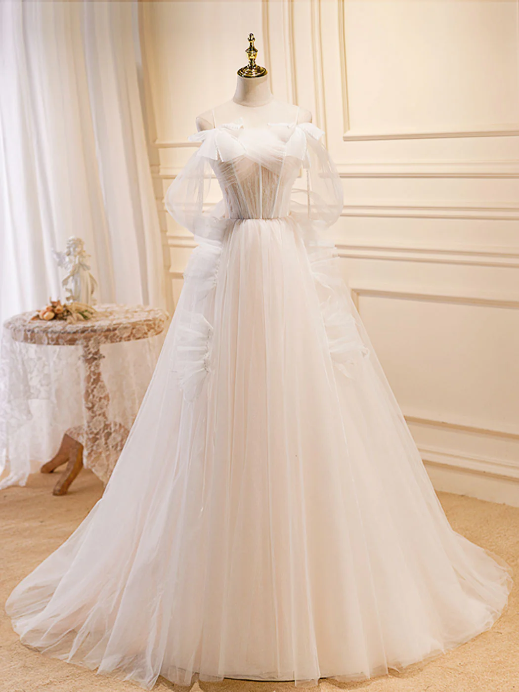 A-Line Light Champagne Long Prom Dresses, Light Champagne Lace Formal Dresses - Deanwangkt