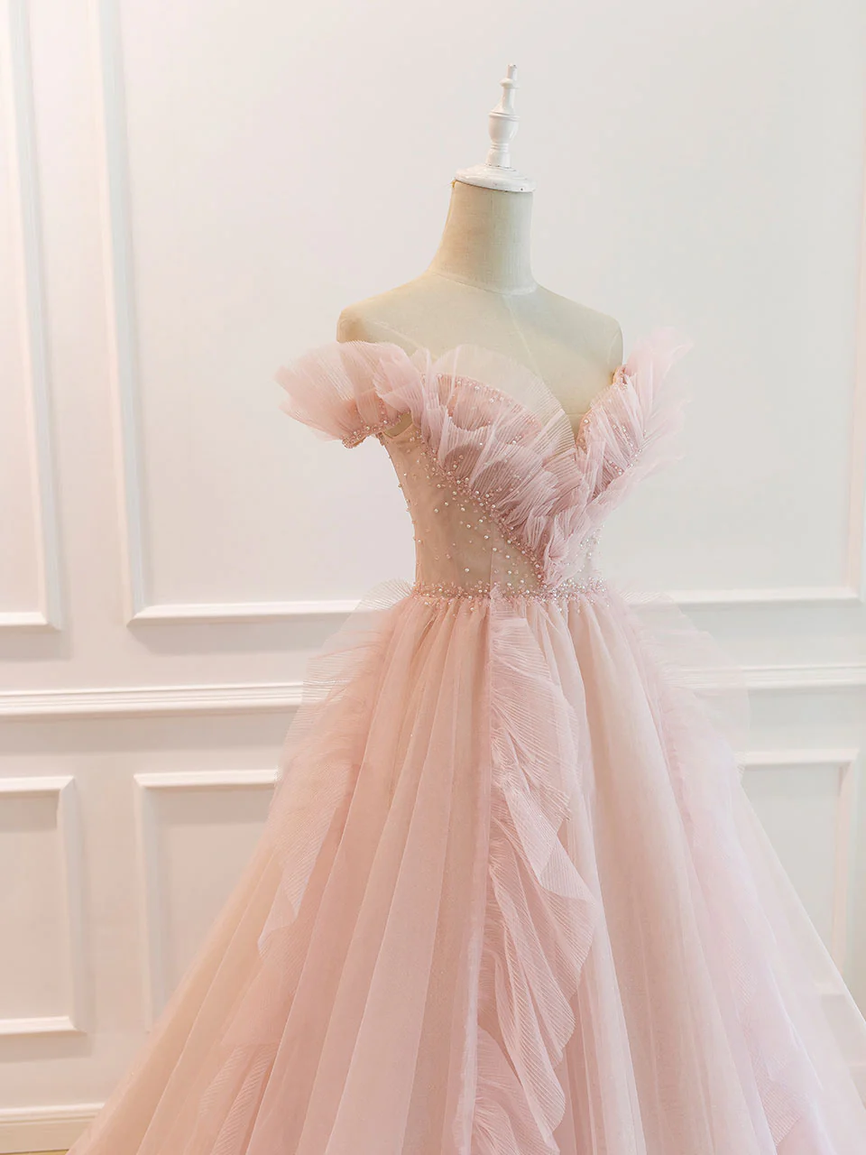 Pink Off Shoulder Tulle Long Prom Dress, Pink A line Tulle Graduation Dress - Deanwangkt