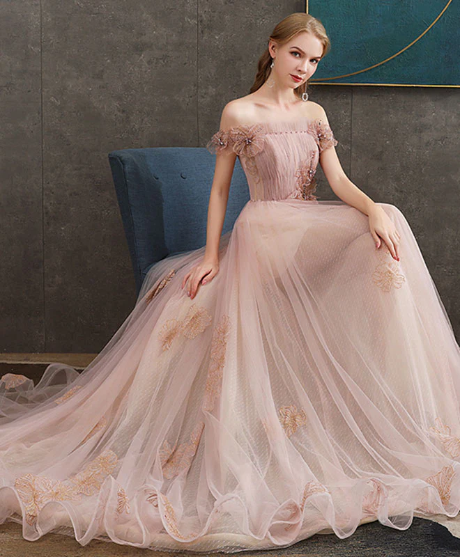 Pink Tulle Lace Long Prom Dress Pink Lace Evening Dress - Deanwangkt