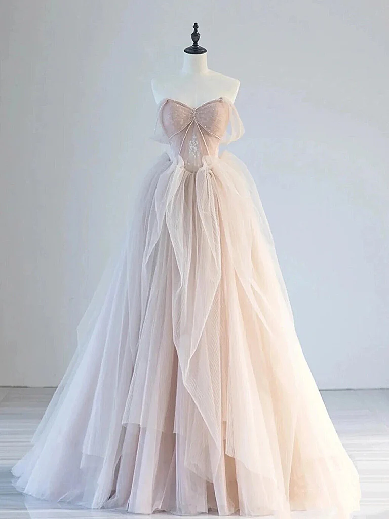 A-Line Off Shoulder Tulle Lace Champagne Pink Long Prom Dress, Lace Long Formal Dress - Deanwangkt