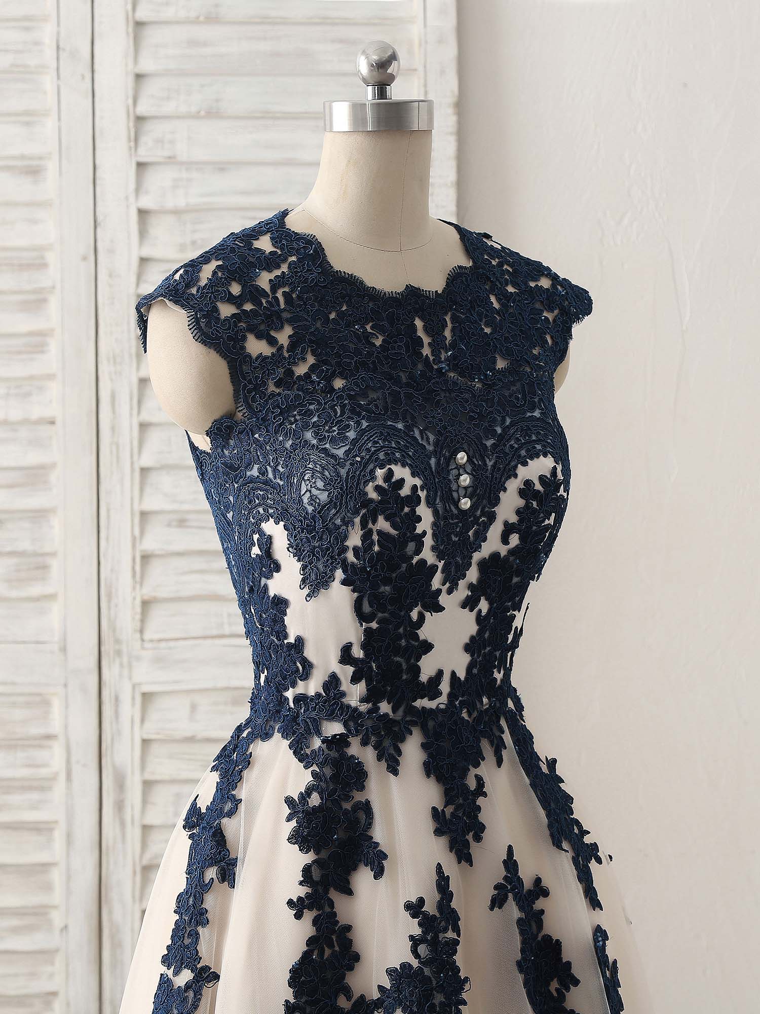 Dark Blue Lace Applique Tulle Long Prom Dress Blue Bridesmaid Dress - Deanwangkt