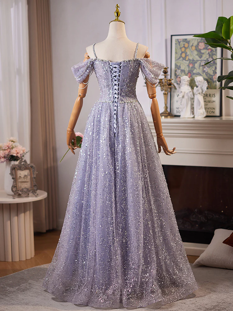 A-Line Off Shoulder Tulle Sequin Blue Long Prom Dress, Tulle Sequin Evening Dress - Deanwangkt