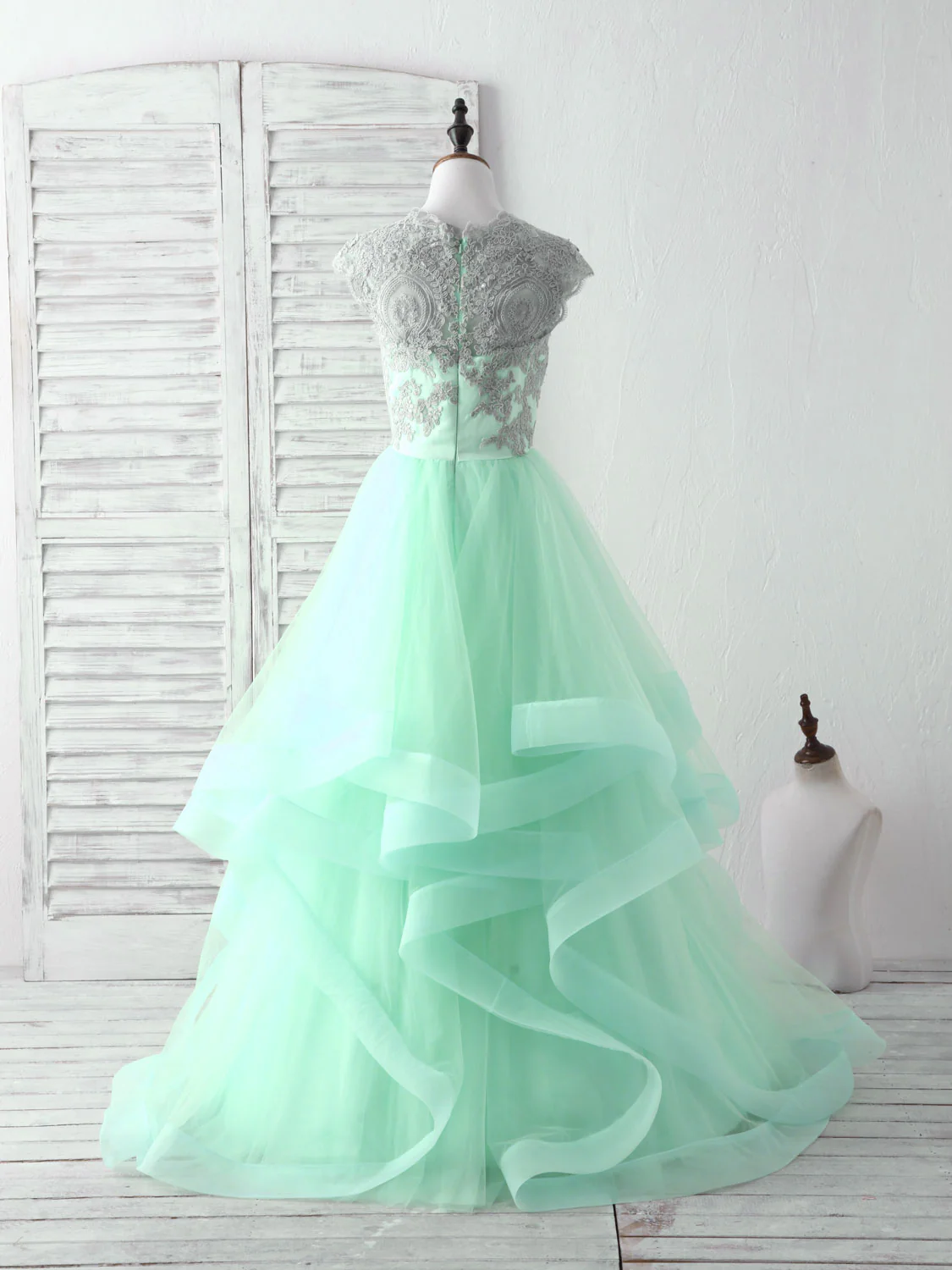 Green Tulle Lace Applique Long Prom Dress Blue Tulle Sweet 16 Dress - Deanwangkt