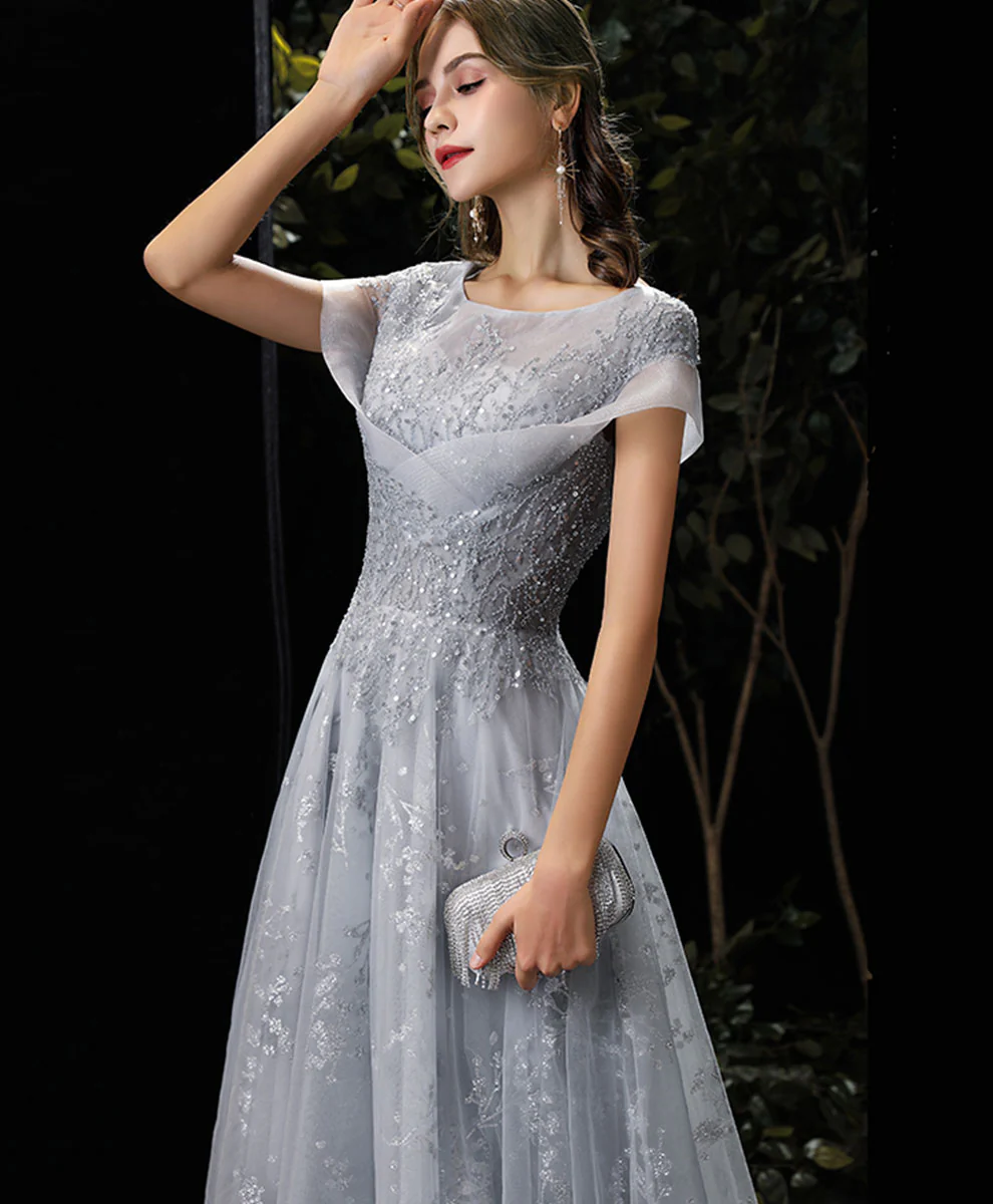 Gray Round Neck Tulle Lace Long Prom Dress Gray Tulle Formal Dress - Deanwangkt