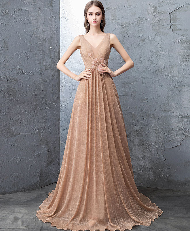 Unique Gold V Neck Tulle Long Prom Dress, Gold Tulle Evening Dress - Deanwangkt