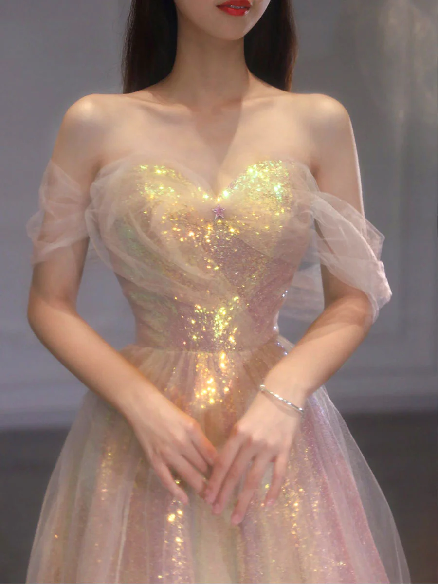 A Line Tulle Sequin Long Prom Dress, Off Shoulder Formal Graduation Dress - Deanwangkt