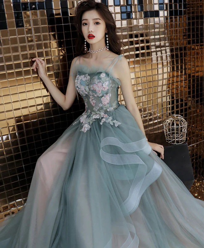 Green Tulle Lace Long Prom Dress, Green Tulle Lace Evening Dress - Deanwangkt