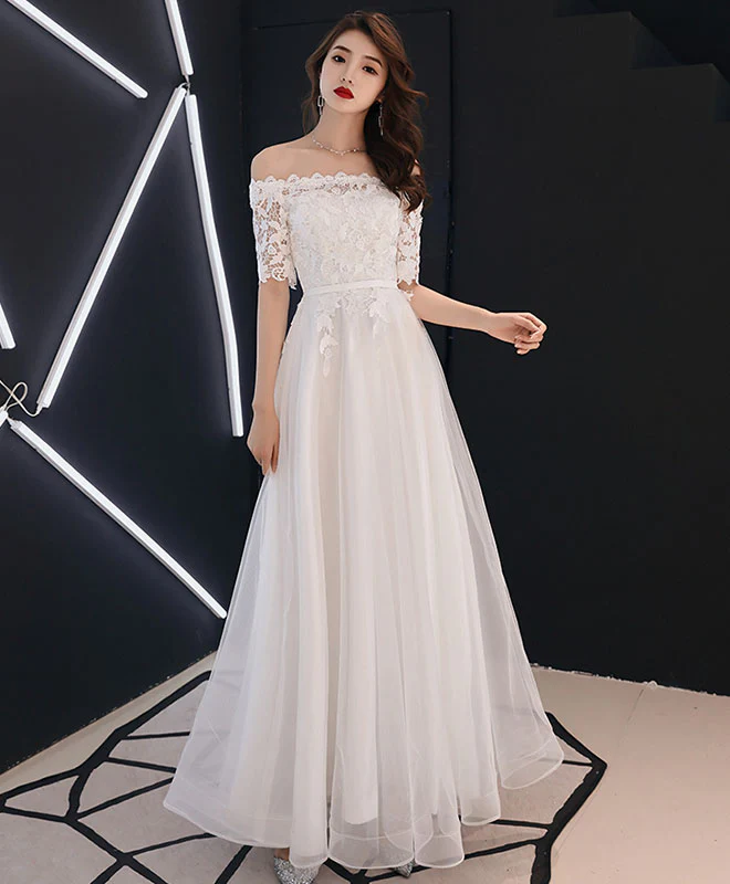 White Lace Tulle Long Prom Dress, White Tulle Lace Bridesmaid Dress - Deanwangkt