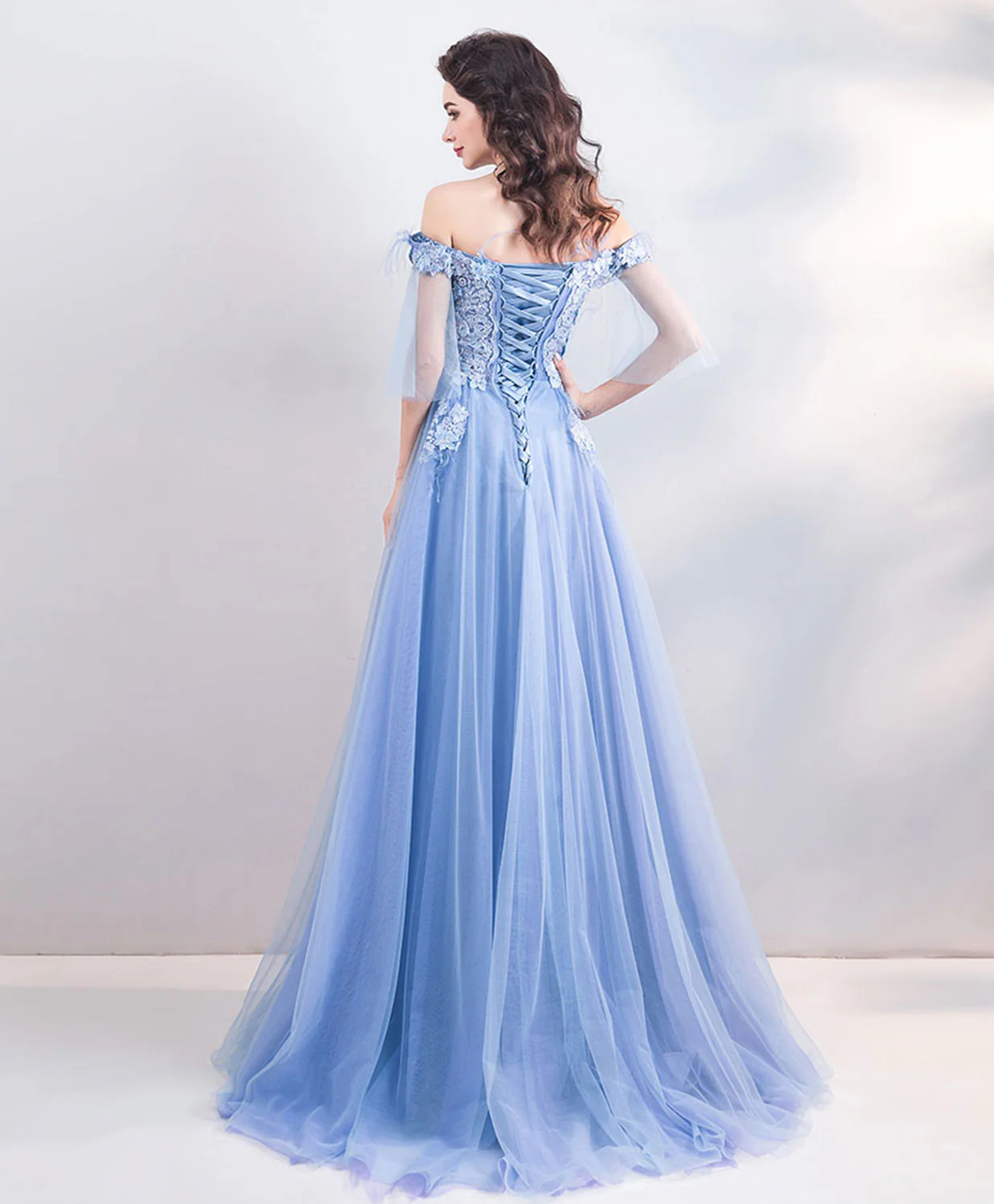 Unique Blue Tulle Off Shoulder Long Prom Dress, Blue Evening Dress - Deanwangkt