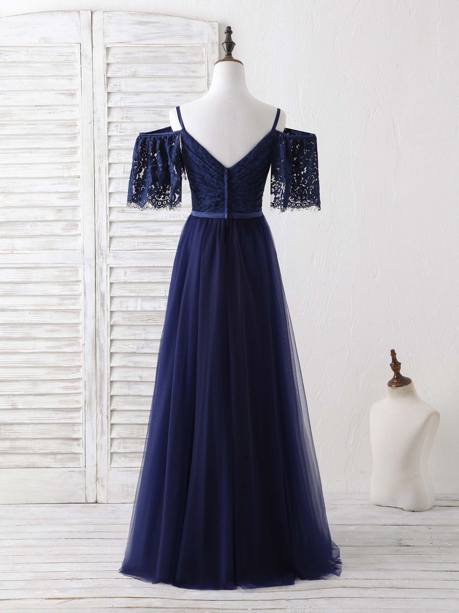Dark Blue A-Line Lace Tulle Long Prom Dress Blue Evening Dress - Deanwangkt
