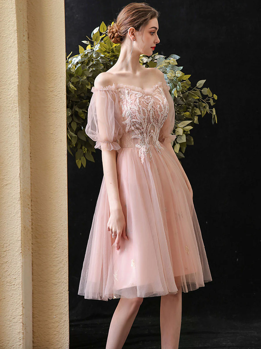 Pink Sweetheart Neck Tulle Lace Short Prom Dress, Pink Lace Homecoming Dress - Deanwangkt