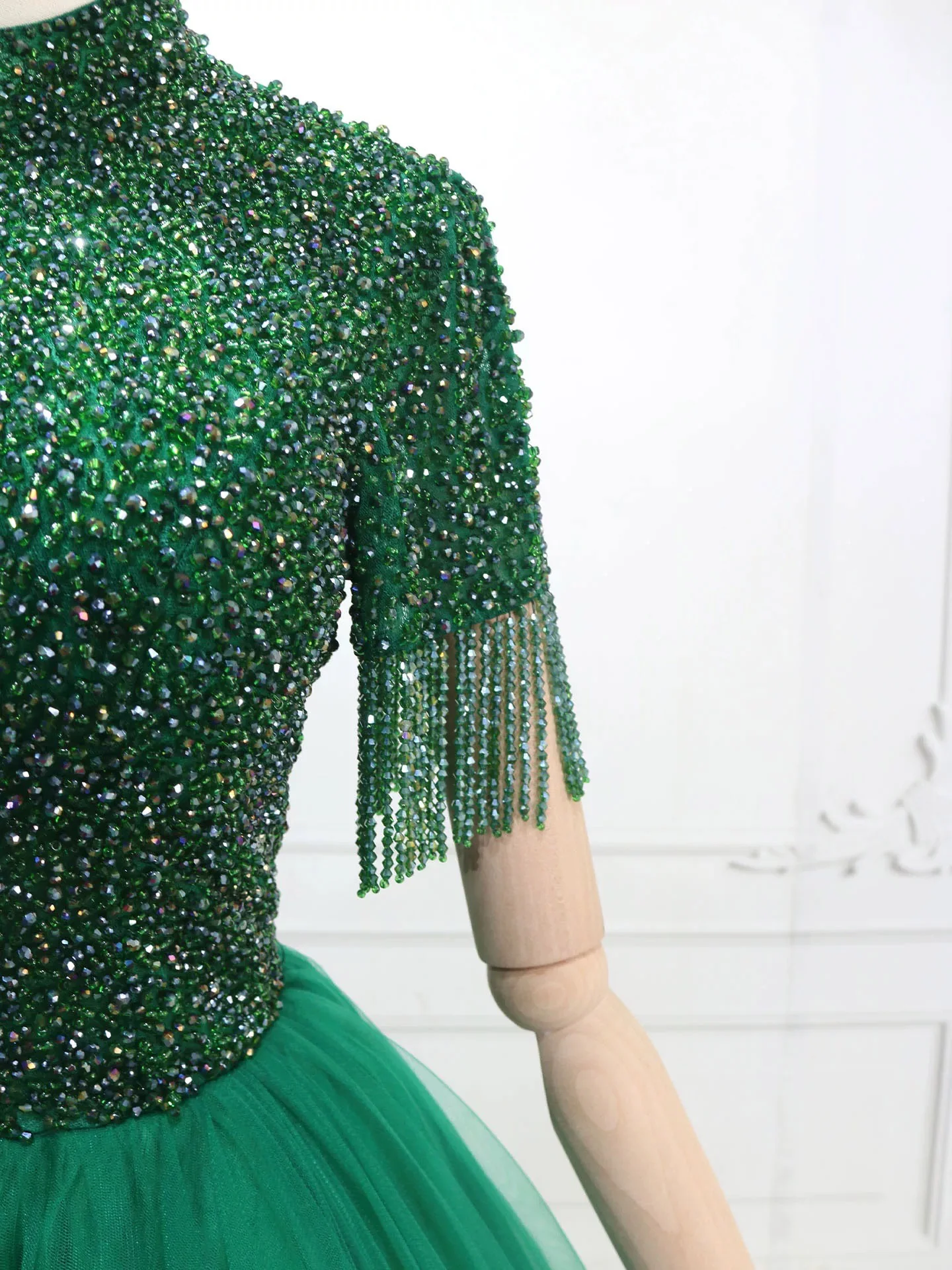A-Line High Neck Tulle Green Long Prom Dress with Beads - Deanwangkt