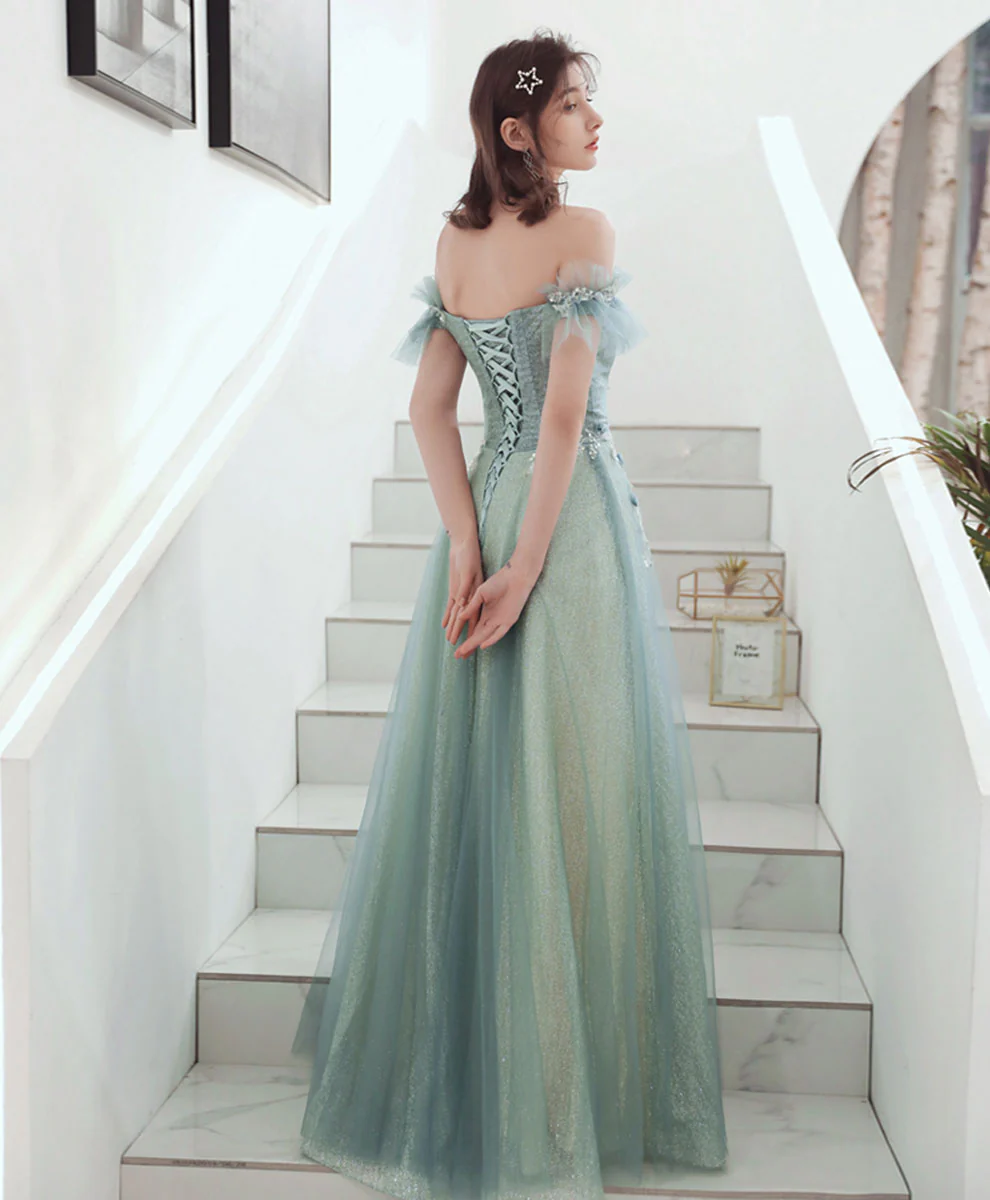 Green Aline Tulle Long Prom Dress, Green Formal Graduation Dress with Applique - Deanwangkt