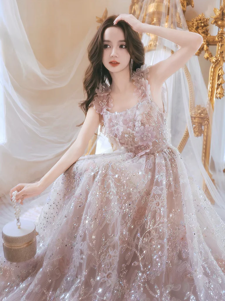 Unique Tulle Lace Pink Long Prom Dress, Lace Pink Long Evening Dress - Deanwangkt