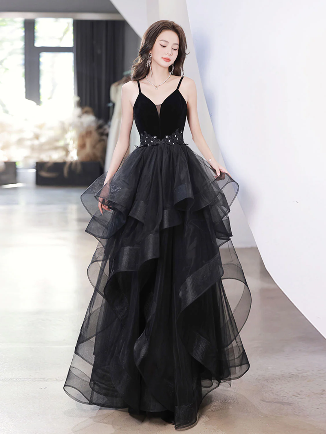 Black V Neck Tulle Long Prom Dresses, Black Formal Evening Dress - Deanwangkt