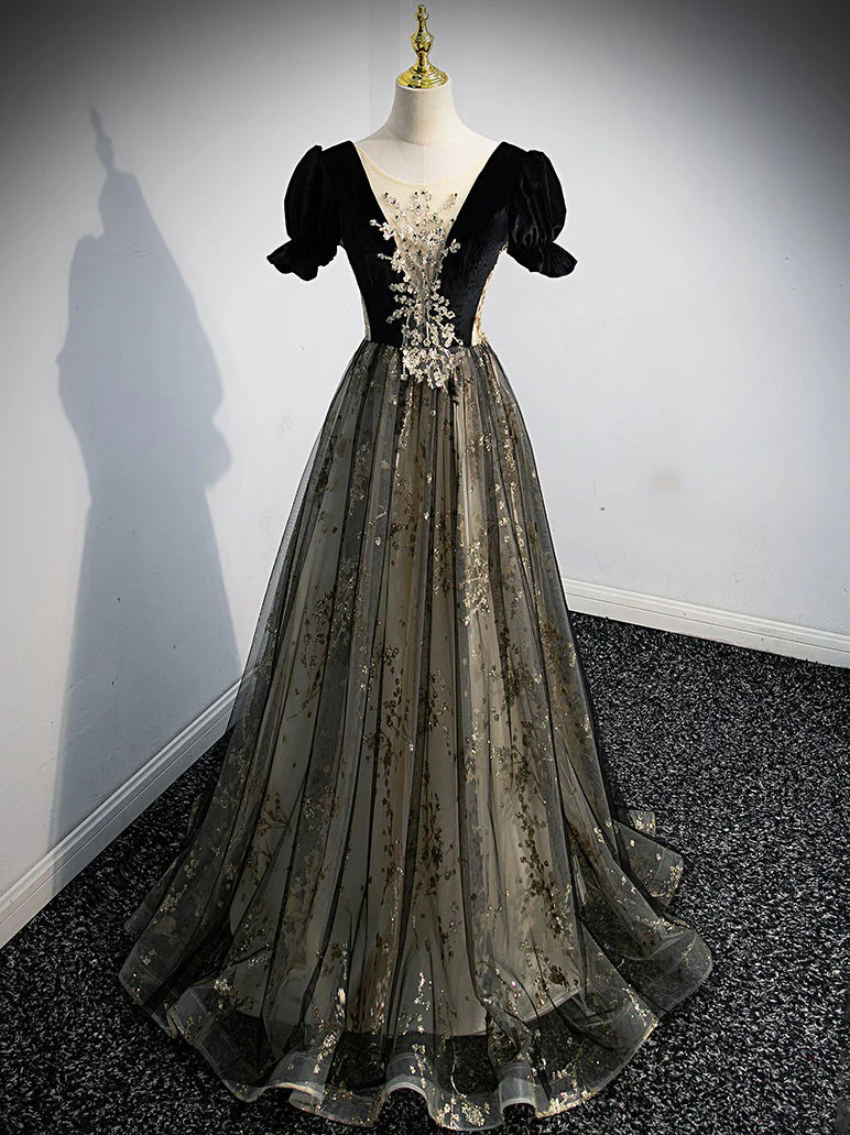 A line Velvet Tulle Lace Black Long Prom Dress, Black Formal Graduation Dresses - Deanwangkt
