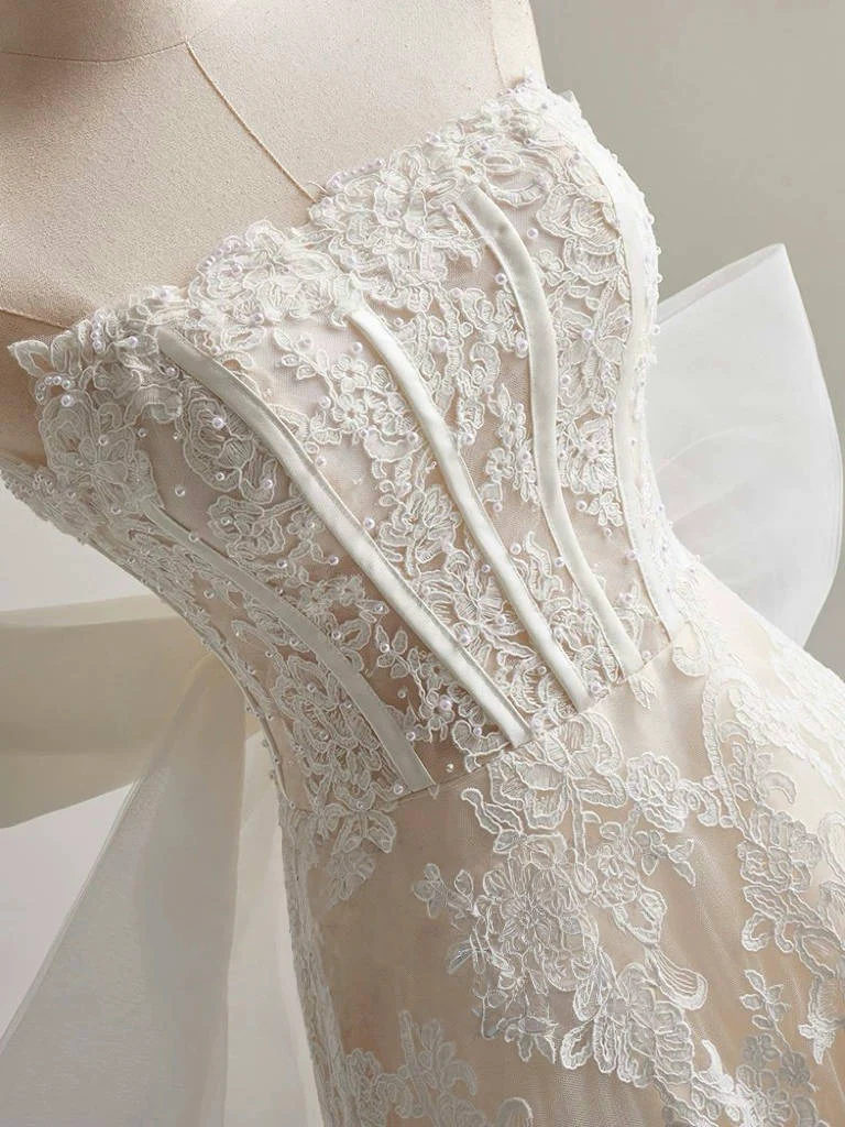 A-Line Tulle Lace Light Champagne Long Wedding Dress with Bow - Deanwangkt