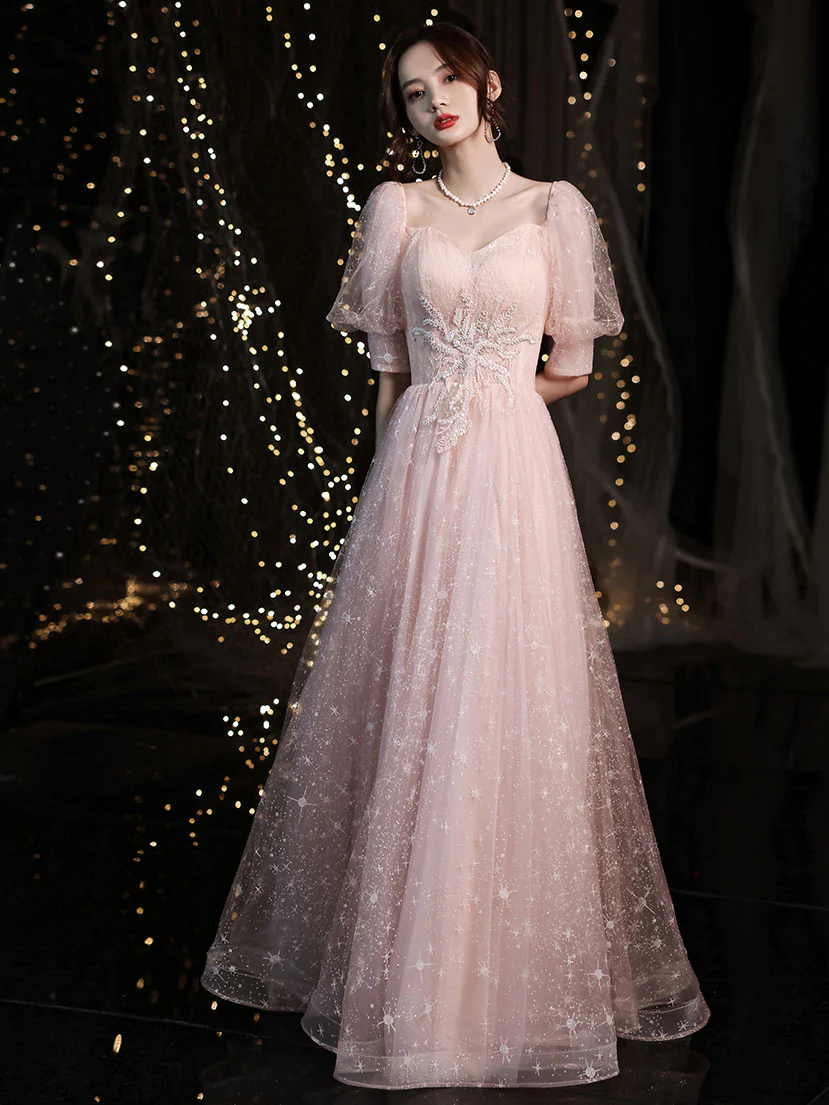 Pink Tulle Long Prom Dress, Pink Tulle Evening Dress - Deanwangkt