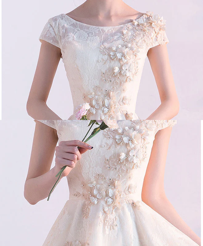 Champagne A-Line Tulle Lace Short Prom Dresses, Champagne Homecoming Dresses - Deanwangkt