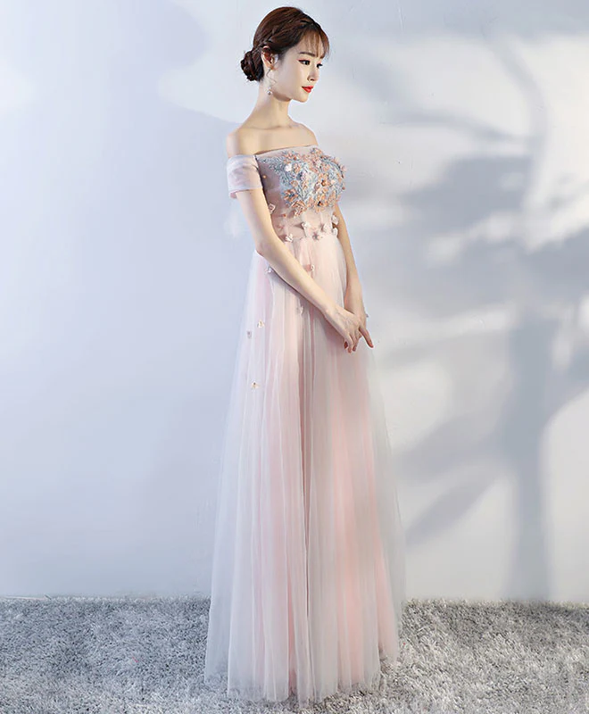 Pink Off Shoulder Tulle Lace Applique Long Prom Dress, Pink Evening Dress - Deanwangkt
