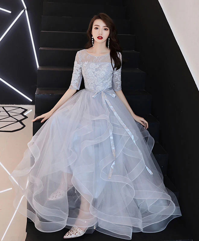 Gray Tulle Lace Long Prom Dress, Gray Tulle Formal Graduation Dress - Deanwangkt