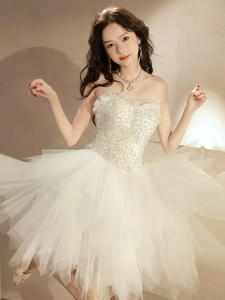 Beige Tulle Sequin Short Prom Dress, Beige Homecoming Dress - Deanwangkt