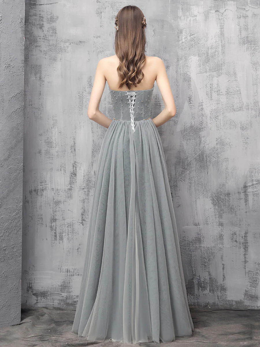 Gray A-line Tulle Long Prom Dress Gray A-line Formal Evening Dress - Deanwangkt