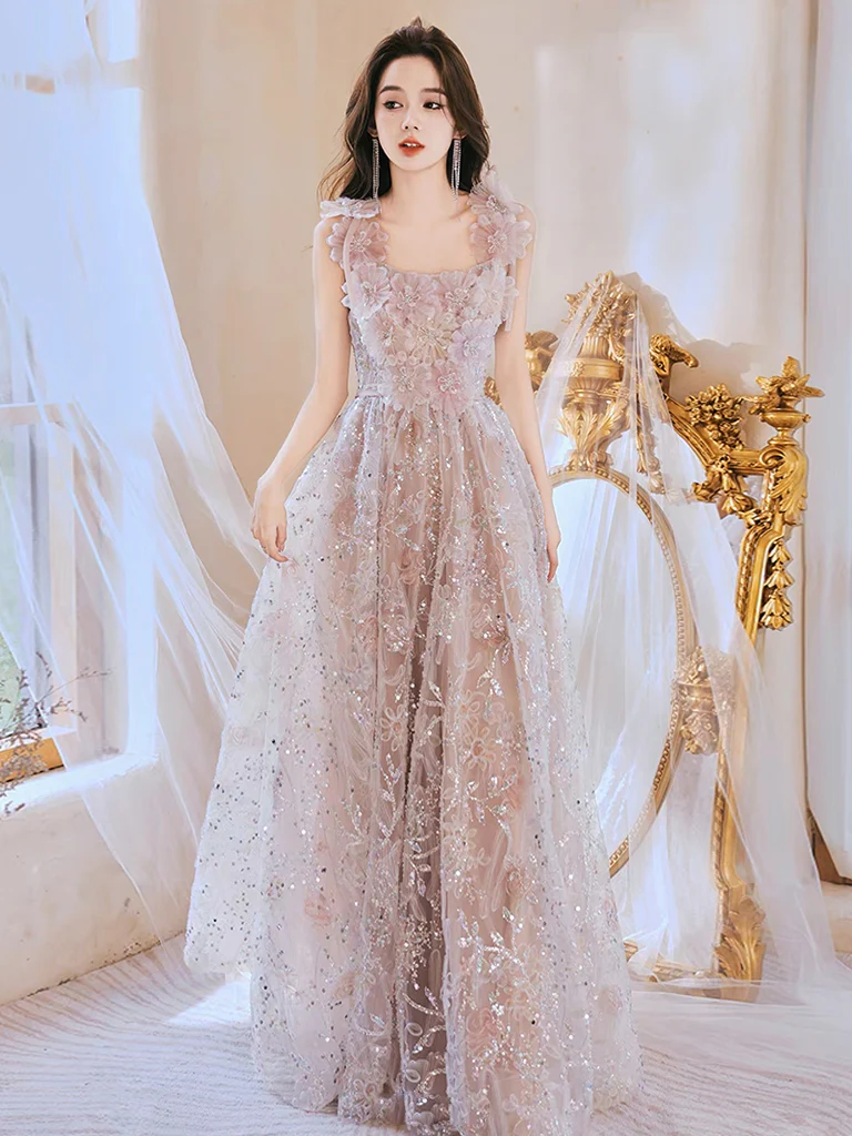 Unique Tulle Lace Pink Long Prom Dress, Lace Pink Long Evening Dress - Deanwangkt