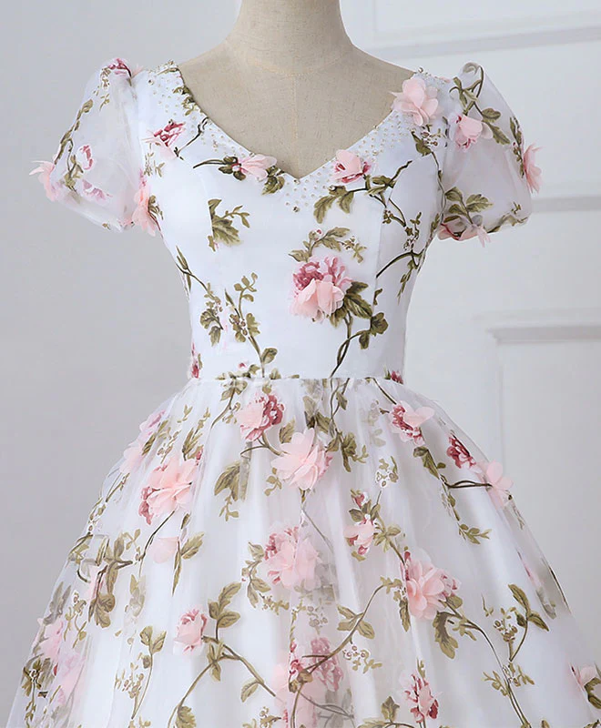 White V Neck 3D Flowers Long Prom Dress, White Evening Dress - Deanwangkt