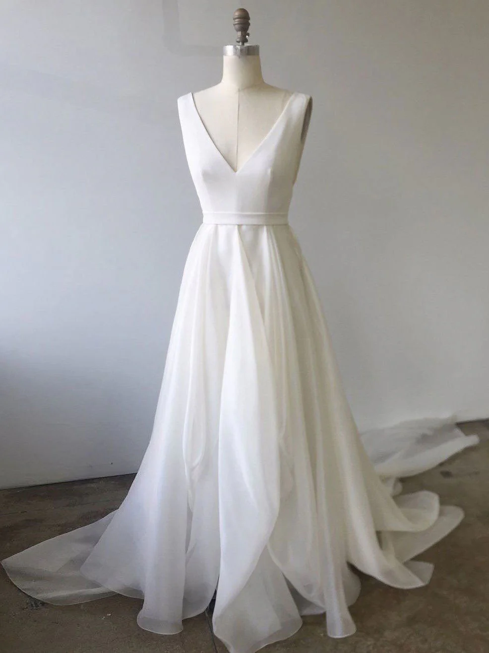 Simple White V Neck Tulle Long Prom Dress, White Evening Dress - Deanwangkt