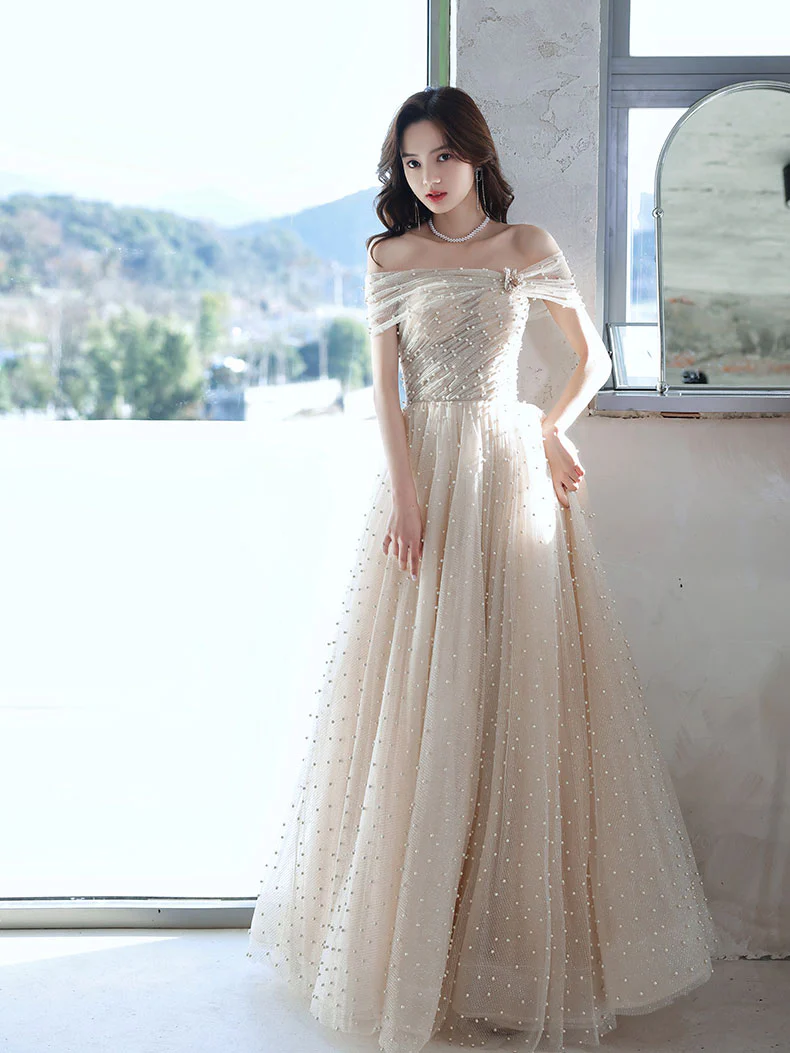 Champagne  Tulle Beads Long Prom Dress Champagne Formal Dress - Deanwangkt