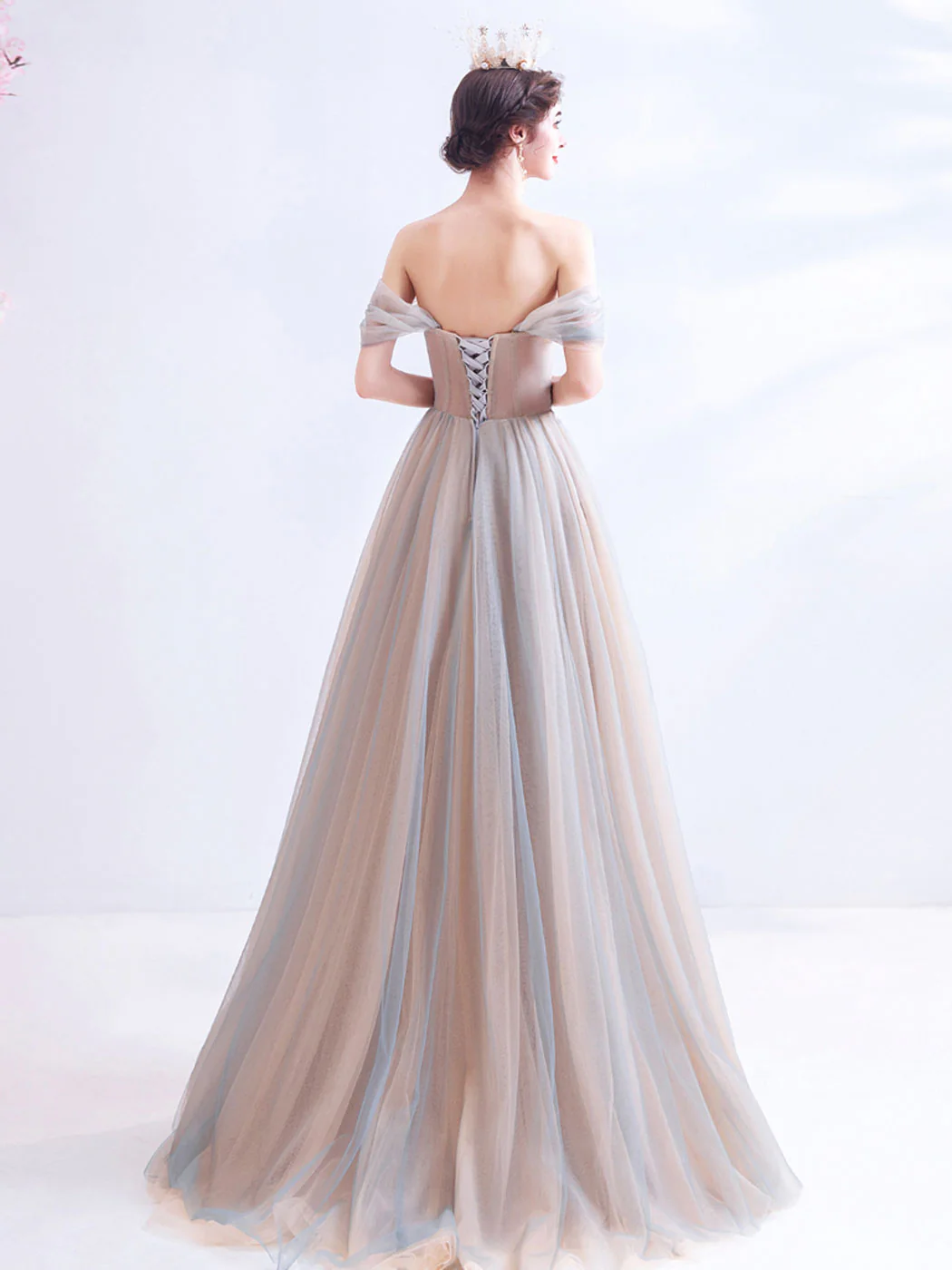 A-Line Off Shoulder Lace Champagne Long Prom Dress, Champagne Formal Dresses - Deanwangkt