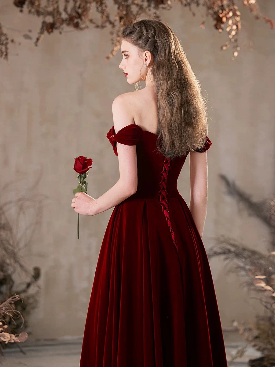 A-Line Off Shoulder Velvet Burgundy Long Prom Dress, Burgundy Long Formal Dress - Deanwangkt