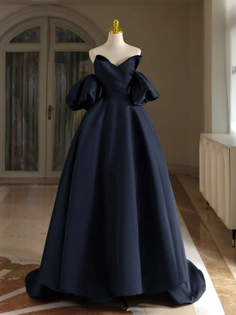 A-Line V Neck Satin Dark Blue Long Prom Dress, Dark Blue Long Formal Dress - Deanwangkt