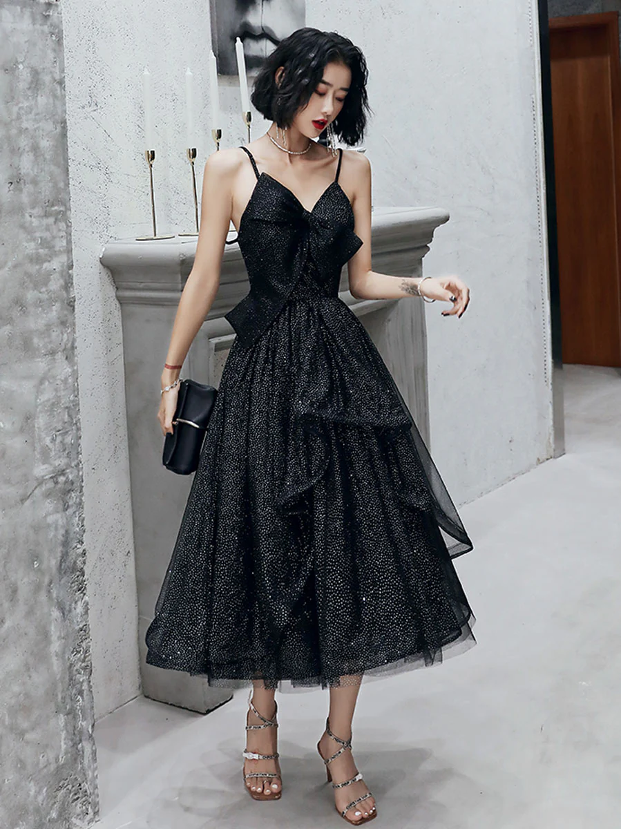 V Neck Tulle Sequin Short Black Prom Dresses, Black Tulle Homecoming Dresses - Deanwangkt