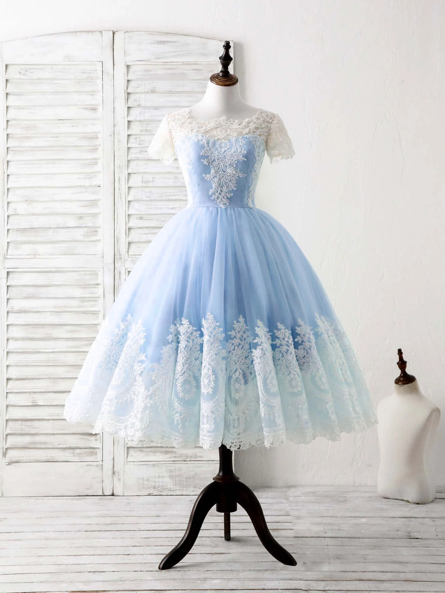 Blue Tulle Lace Short Prom Dress Blue Bridesmaid Dress - Deanwangkt