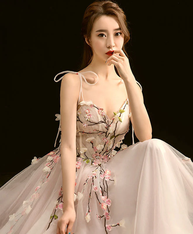 High Quality V Neck Lace Long Prom Dress, Light Pink Evening Dress - Deanwangkt
