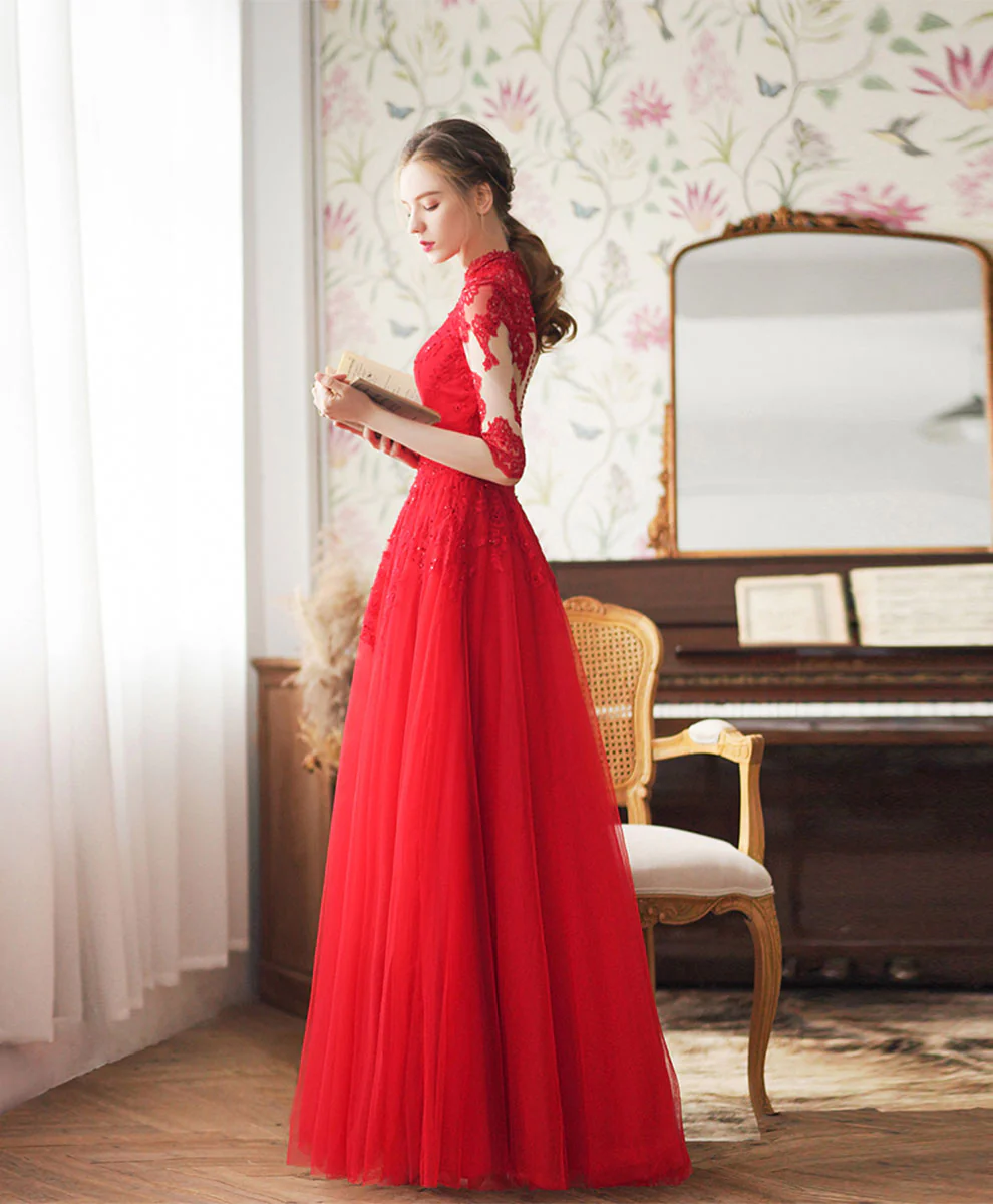 Red High Neck Tulle Lace Long Prom Dress, Red Lace Formal Dress - Deanwangkt