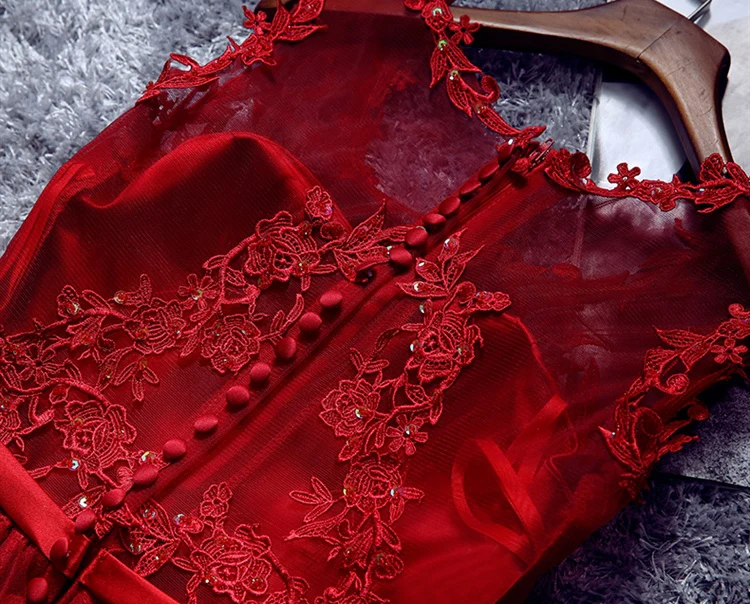 Burgundy Lace Tulle Short Prom Dress, Lace Homecoming Dresses - Deanwangkt